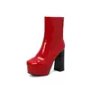Botas plataforma de bico quadrado em verniz com salto grosso para mulheres plus size, botas de tornozelo estilo europeu e americano T2129