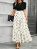 Vestido Patchwork Falso de Dos Piezas Transfronterizo de Amazon con Mangas Cortas Abullonadas, Cintura de Lazo Estampada, Dobladillo Fruncido y Falda de Longitud Media
