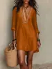 Moda Feminina Transfronteiriça Europeia e Americana Independente Verão 2026 Novo Vestido Elegante Estilo Resort de Manga Média com Decote V