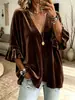 Otoño 2026 Europeo y Americano Otoño/Invierno Terciopelo Dorado Cuello en V Manga con Volantes Holgado Falso Dos Piezas Casual Terciopelo Camiseta de Mujer