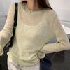 Yazhixin primavera e verão preguiçosa malha blusa top mulheres fino ligeiramente transparente uso exterior de alta qualidade pescoço redondo proteção solar manga comprida