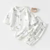 Conjunto de Gaze para Bebê Roupas de Casa para Bebê Manga Longa Top de Fibra de Bambu Calça Roupas de Verão com Ar Condicionado para Crianças Meninos Meninas