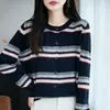 Diseño estilo francés con rayas de colores contrastantes, cárdigan tejido para mujer, abrigo nuevo de lana, suéter holgado vintage de corte ajustado