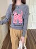 Novo Suéter 100% Lã Feminino Gola Redonda Desenho Gato da Sorte Jacquard Tricô Camisa de Base Suéter Solto Simples de Manga Longa