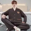 Conjunto de Pijama de Algodón Puro para Otoño e Invierno Primavera y Otoño Cuello de Solapa Manga Larga Pantalón Largo Corte Holgado Tallas Grandes Conjunto Cómodo para Estar en Casa