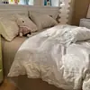 Conjunto de cama de quatro peças em algodão com acabamento em renda estilo princesa, Classe A, adequado para dormir sem roupa, lençol de algodão puro estilo francês, lençol com elástico, capa de edredom, conjunto para dormitório