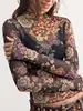 Camiseta europea y americana transfronteriza de Amazon 2026 nuevo estampado floral vintage top de malla de manga larga ajustado para mujer