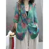 Ropa de Verano para Mujer de Algodón y Lino Estilo Nuevo Estampada Holgada Personalidad Elegante Casual Versátil Cardigan de Manga Media