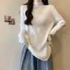 Top de Mujer de Canalé con Cuello Alto Corto y Mangas Largas Talla Grande para Otoño e Invierno, Nuevo Estilo Coreano, Corte Holgado, Adelgazante, Capa Base Cálida