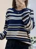 Tejido de Punto Rayas Azules Estilo Coreano para Mujer Nuevo Estilo Otoño e Invierno 2025 Top de Manga Larga Holgado Relajado Tejido de Punto Suave y Sedoso