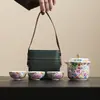 Juego de Té Esmaltado Estilo Palacio Juego Rápido de Tazas Portátil para Exteriores Bolsa de Tela de Lujo Ligero Juego de Té de Viaje Una Tetera Tres Tazas