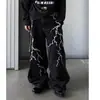 Jeans Lavados Retro de Nicho Estilo Americano Bordados de Rayos Unisex Calle Alta Hip-Hop Holgados Rectos Casuales