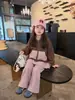 Conjunto Infantil Niñas Invierno Nuevo Estilo Niños Medianos y Pequeños Elegante Chaqueta con Cremallera de Felpa Adicional Pantalones Cubrepañales Gruesos Rayados para Bebé