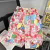 Shorts de Praia de Seda de Gelo Masculino Estilo Verão Estampa Integral Desenho Animado Estampa Solto Preguiçoso Férias na Beira-Mar Calça Esportiva