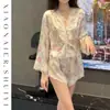 Pijama Floral de Seda Gelada para Mulheres, Estilo Puro Desejo, Manga Três Quartos, Shorts, Emagrecedor, Pode Ser Usado Fora, Roupas de Casa Doces Francesas com Acabamento de Renda