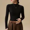 Blusa Base Feminina Slim Fit de Gola Alta e Manga Longa, Elástica, Amiga da Pele, Cor Sólida, Simples, Versátil, Segunda Pele Justa
