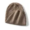 Chapéu de Cashmere Puro Novo para Outono/Inverno da Primeira Linha para Mulheres, Cor Sólida, Quente, Tricotado, Proteção para as Orelhas, Touca Pós-parto, Vazado, Chapéu Slouchy