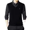 Suéter para Hombre Otoño e Invierno Tejido de Punto Falso de Dos Piezas Camisa de Cuello para Mediana Edad y Adulto Mayor Forrado de Felpa Engrosado Transfronterizo Cálido Camiseta Base