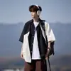 Camisa Masculina de Verão Oversized de Manga Curta com Cores Contrastantes, Marca da Moda, Caimento Solto, Estilo Casual, Design Patchwork