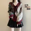 Suéter de punto con cuello en V y patrón de rombos estilo universitario para mujer, nuevo modelo otoño e invierno 2026, adelgazante, top de punto único y chic para mujer