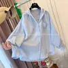 Tamanho Extra Grande 120kg Estilo Coreano Elegante Cor Sólida Casual com Capuz Proteção Solar Camisa de Verão Solta Fina para Mulheres Plus-Size