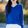 Suéter de malha de algodão puro, novo para primavera e outono, gola V, estilo coreano, cor sólida, solto e versátil, blusa base fina para mulheres