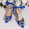 Sandalias de Tacón Alto Cerradas con Pedrería, Estilo Europeo y Americano, Talla Grande para Mujer, con Tacones Finos, Hebilla Cuadrada, Punta Hueca y Decoraciones de Perlas, Zapatos de Moda