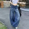 Calça jeans feminina de outono estilo retrô americano, bainha curva, perna larga, lavada, solta, reta, nova, afina a silhueta, cintura alta, comprimento total