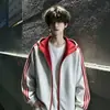 Sudadera con capucha de punto de rayas americanas de color contrastante para hombre, Otoño, peso pesado, hombro normal, estilo chaqueta, marca de moda, chaqueta con capucha