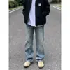 Jeans Casuales Retro Americanos de Pierna Recta Sueltos para Hombre Lavados Desgastados Versátiles Cintura Semi Elástica Pantalones Largos Tendencia Nuevo Estilo