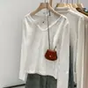 Camiseta de Base Tricotada com Decote V para Mulheres, Estilo Coreano de Início de Outono, Cor Sólida, Design de Nicho, Top Casual Macio e Elegante