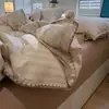 Conjunto de cama de quatro peças em algodão puro lavado, estilo ins de luxo leve, com bordas em concha e listras xadrez, adequado para dormitórios estudantis, conjunto de três peças