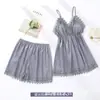 Pijama Feminino de Verão Fino Seda Gelada Renda Sexy Alça Longa Camisola Conjunto de Quatro Peças Roupas Caseiras Femininas com Bojo