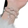 Pulsera de Doble Capa con Borla de Estrella Flor de Durazno y Diamantes Completos de Cuarzo Rosa Natural para Mujer, Exquisita y Noble, Pulseras de Flor de Durazno Apilables