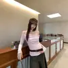 Camiseta feminina de manga longa estilo coreano com gola halter e decote drop, modelagem slim, novo top elegante estilo coreano para o outono, ideal para o trabalho.