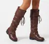Botas Altas Plisadas Estilo Retro Europeo 2026 para Mujer con Cordones Tacón Grueso Botas Largas Suela Plana Botas de Montar Tallas Grandes Botas para Mujer
