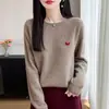 Camiseta base 100% lã pura com gola redonda para mulheres, modelagem solta, top de tricô afina a silhueta, camada interna fina de manga longa com estampa de coração