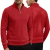 Suéter de malha masculino listrado com textura waffle para primavera e outono, de manga comprida, com meio zíper e gola alta, estilo sweatshirt americano