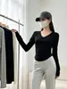 Camiseta de Manga Larga Ajustada con Cuello en V Estilo Puro Deseo para Mujer, Top Sexy Chic con Dobladillo en Forma de U para Otoño e Invierno, Camiseta Básica Capa Interior