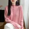 Cárdigan de punto fino para mujer con patrón de hoja de sauce, con diseño calado, un nuevo estilo otoño/invierno, cierre de botones, cuello semi-alto y versátil como capa base