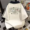 Camiseta de Manga Corta con Cuello Polo Estilo Americano para Hombres y Mujeres, Verano Holgada Casual Ajustada Delgada Bloques de Color Tops de Pareja Estilo Ins