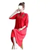 Sudeste Asiático Transfronterizo Primavera y Otoño Talla Grande Suelto Elegante Casual Estilo Occidental Reductor de Edad Algodón y Lino Bordado Vestido Midi