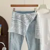 Falda de cadera a rayas de encaje a cuadros para mujer, sensación de alta gama, cintura de corbata, dobladillo de malla, falda media a capas, falda cortina, chaleco exterior