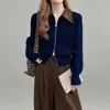 Cárdigan de Punto Acanalado con Doble Cremallera y Cuello de Piel en Contraste, Nueva Moda Otoño e Invierno Versátil Estilo Perezoso Suéter Casual
