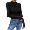 Transfronterizo 2025 Europeo y Americano Color Puro Delgado Camiseta Interior Versátil Diseño Plisado Camiseta de Manga Larga Top para Mujer