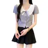 Camiseta de Tricô com Costura Colorida de Laço Francês Feminina de Verão Boneca Slim-fit Curta Casual Top Versátil