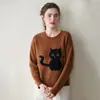 Suéter de Punto Jacquard de Lana con Gato Pulóver Estilo Coreano Adelgazante Versátil Base Cuello Redondo Suéter de Cachemira para Mujer