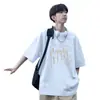 2026 Estilo Nuevo Camiseta de Manga Corta con Estampado de Letras Difuminadas para Hombre Peso Pesado Casual Holgado Estilo Perezoso Versátil Top de Media Manga