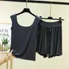 Conjunto de dos piezas de tank top de tirantes anchos con doble escote en U y shorts con volantes, conjunto casual holgado de talla grande para casa