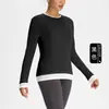 Ropa de Yoga de Lana Merino para Mujer Camiseta de Manga Larga con Empalme de Color Contrastante de Dos Piezas Falsas Camiseta Interior Deportiva Holgada